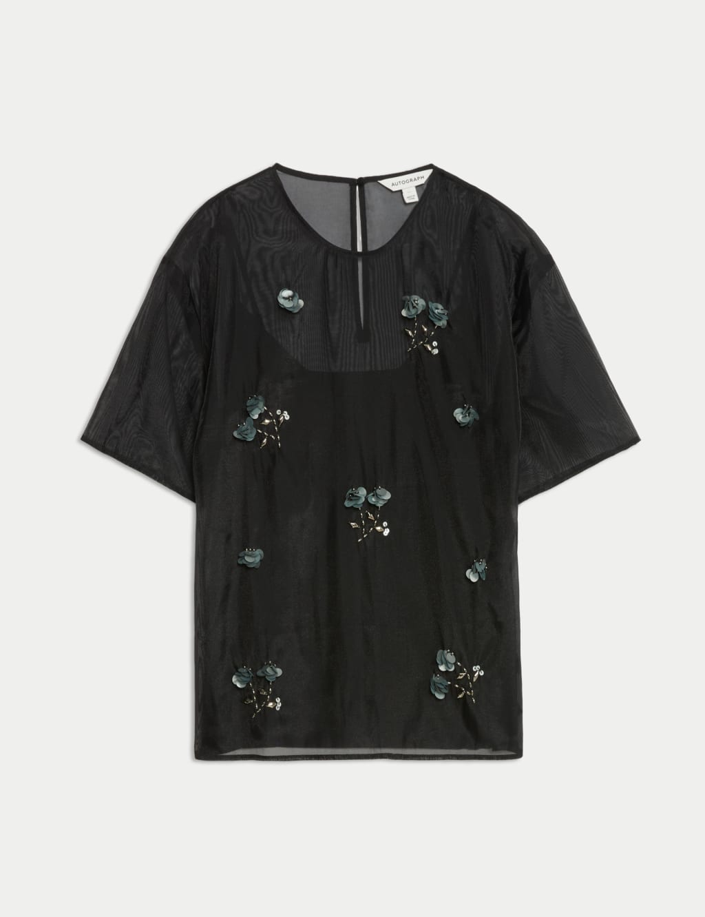 Organza Floral Embellished Round Neck Top 2 of 6
