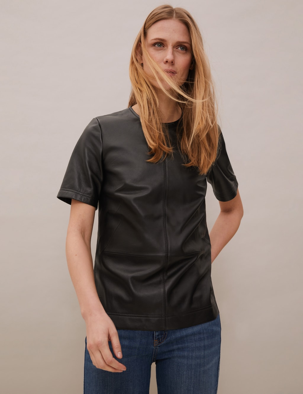 Leather Round Neck Short Sleeve Top 1 of 6