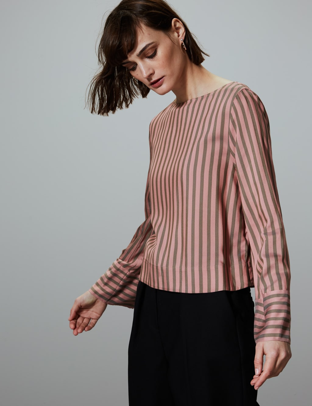 Striped Round Neck Long Sleeve Blouse 1 of 4