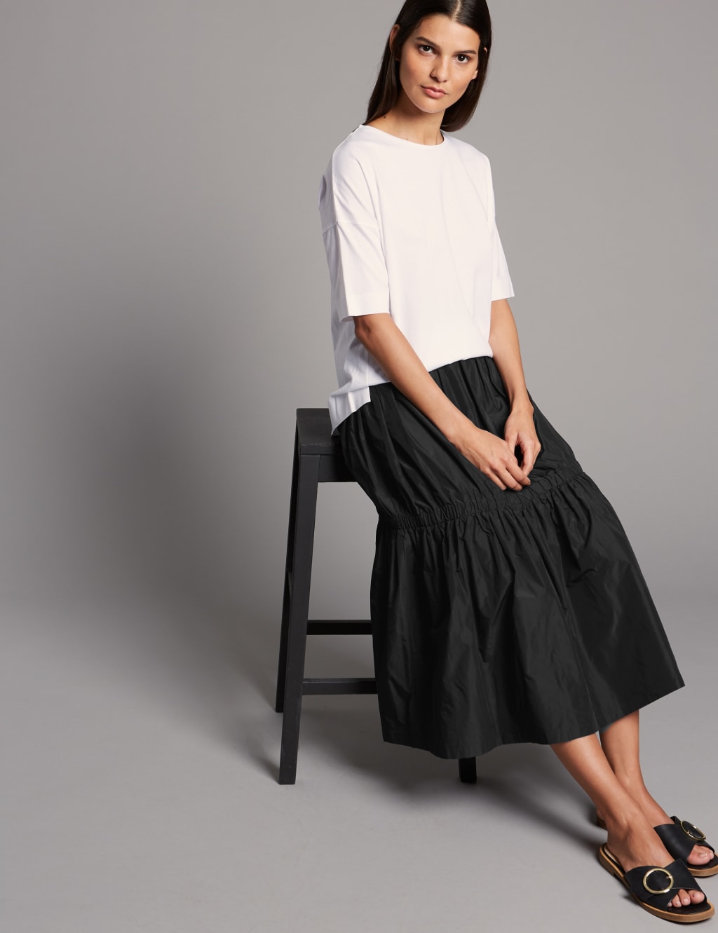 Taffeta Drop Waist Full Midi Skirt 1 of 5