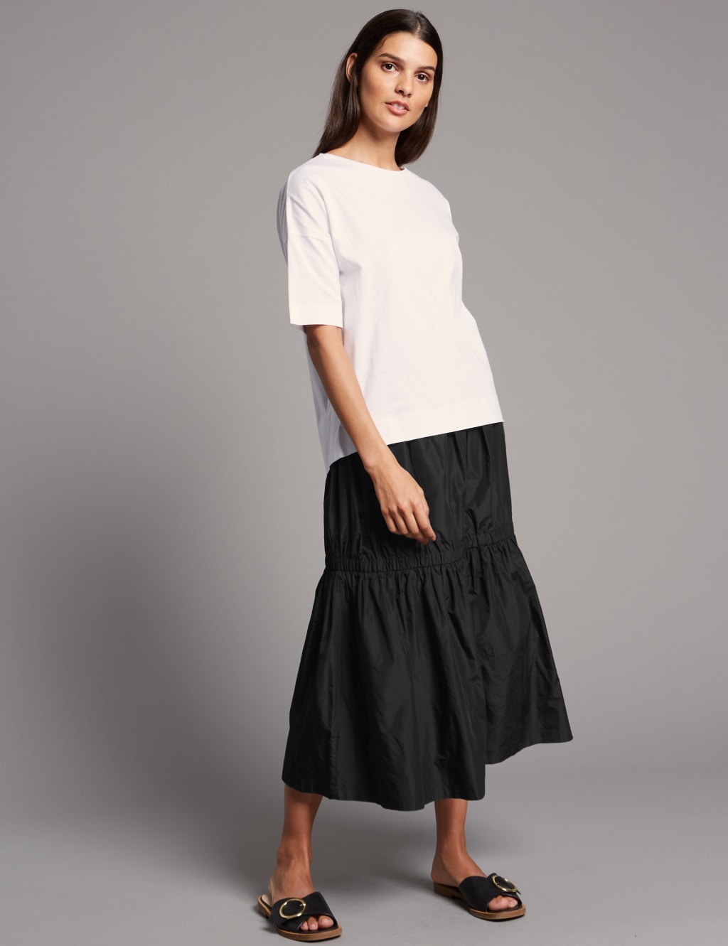 Taffeta Drop Waist Full Midi Skirt 3 of 5