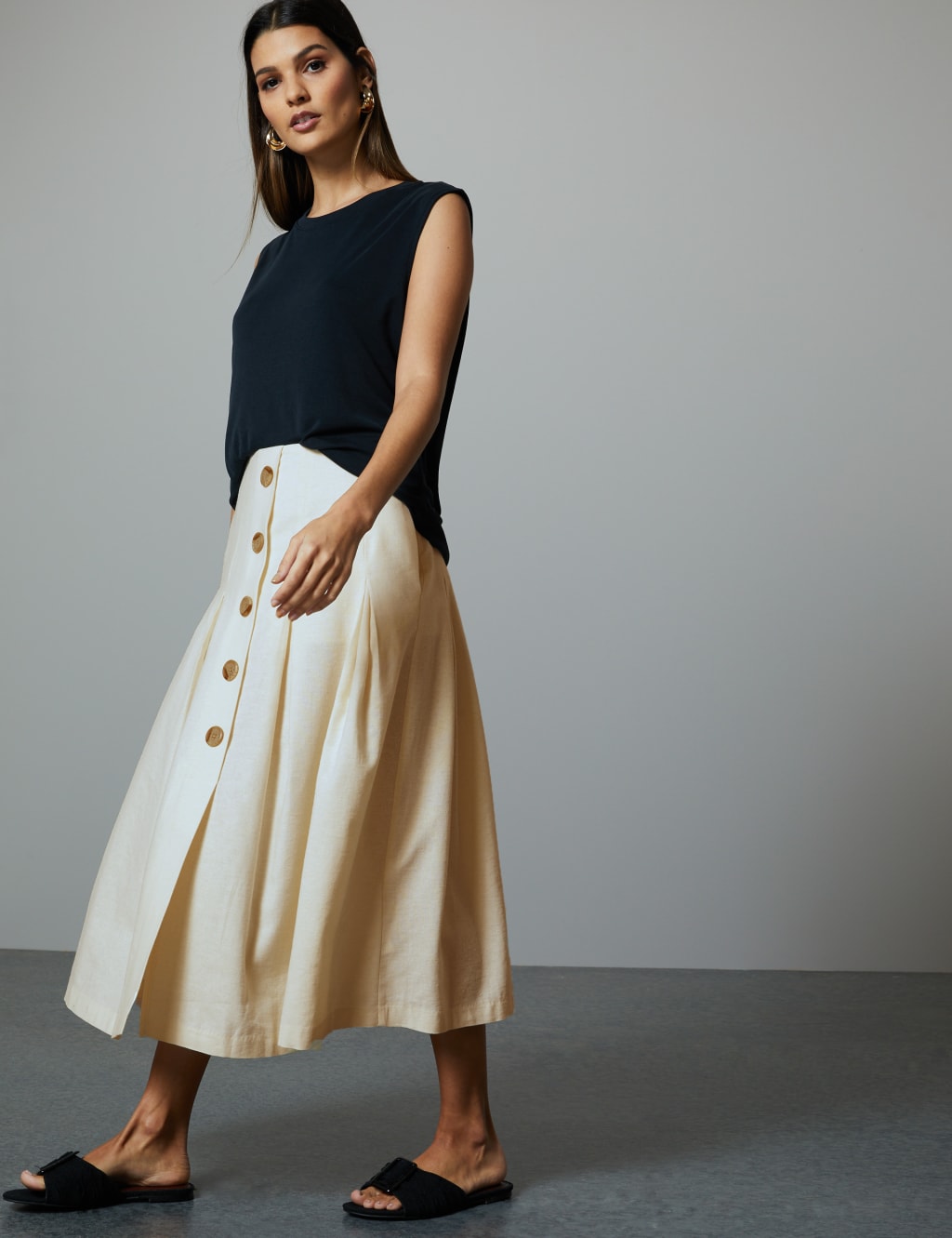 Linen Blend Fit Flare Midi Skirt Autograph M S