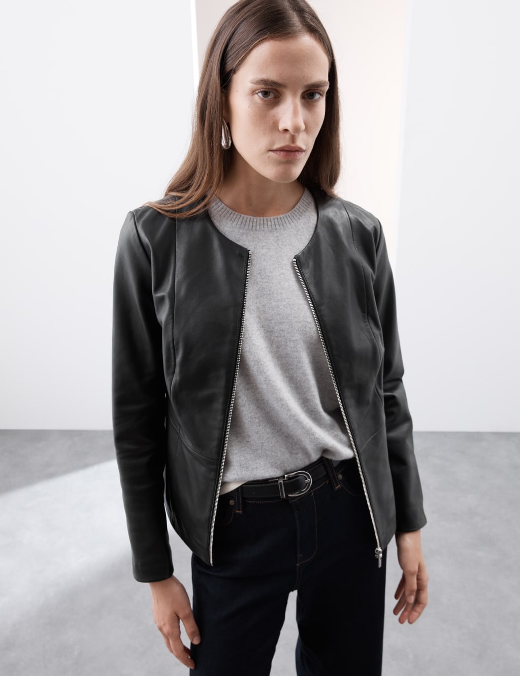 Collarless leather look jacket on sale