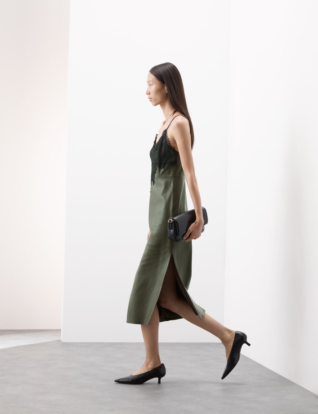 Leather V Neck Lace Detail Midi Slip Dress Autograph M S