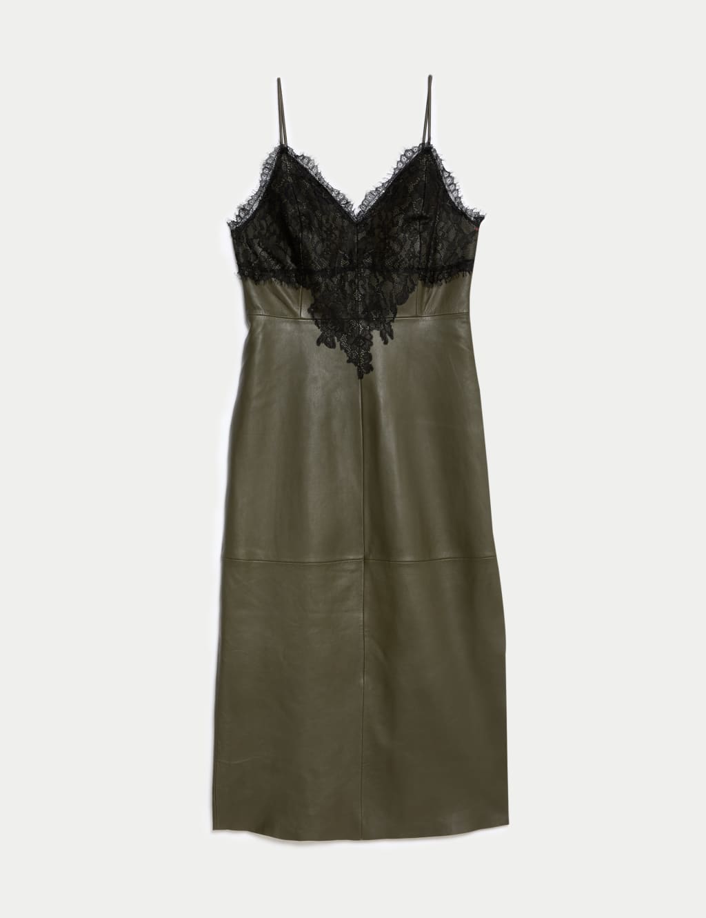Leather V Neck Lace Detail Midi Slip Dress Autograph M S