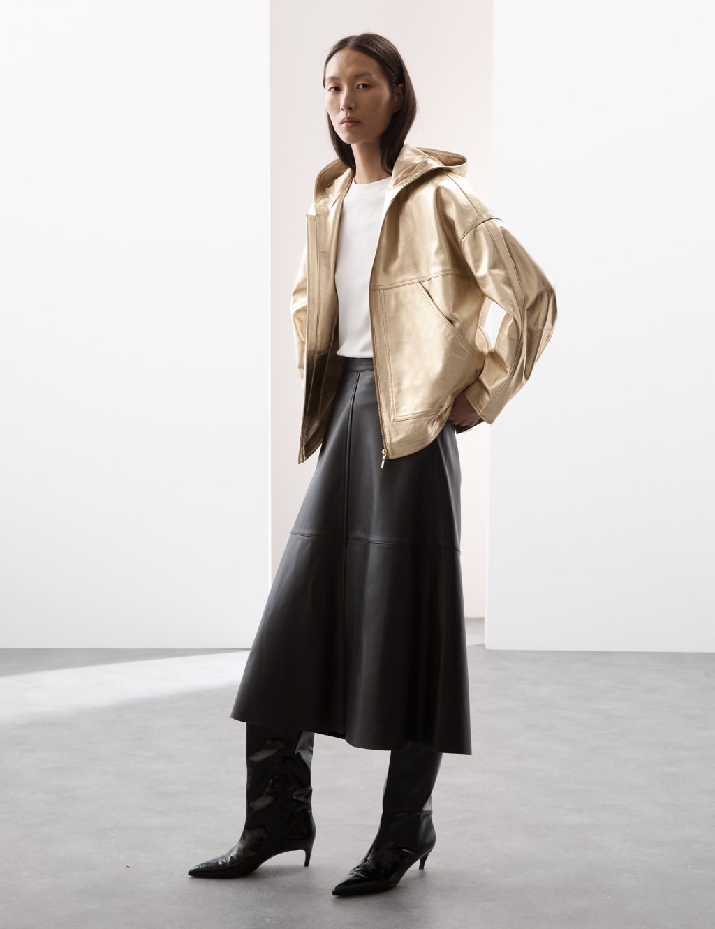 Leather Metallic Hooded Jacket Autograph M S