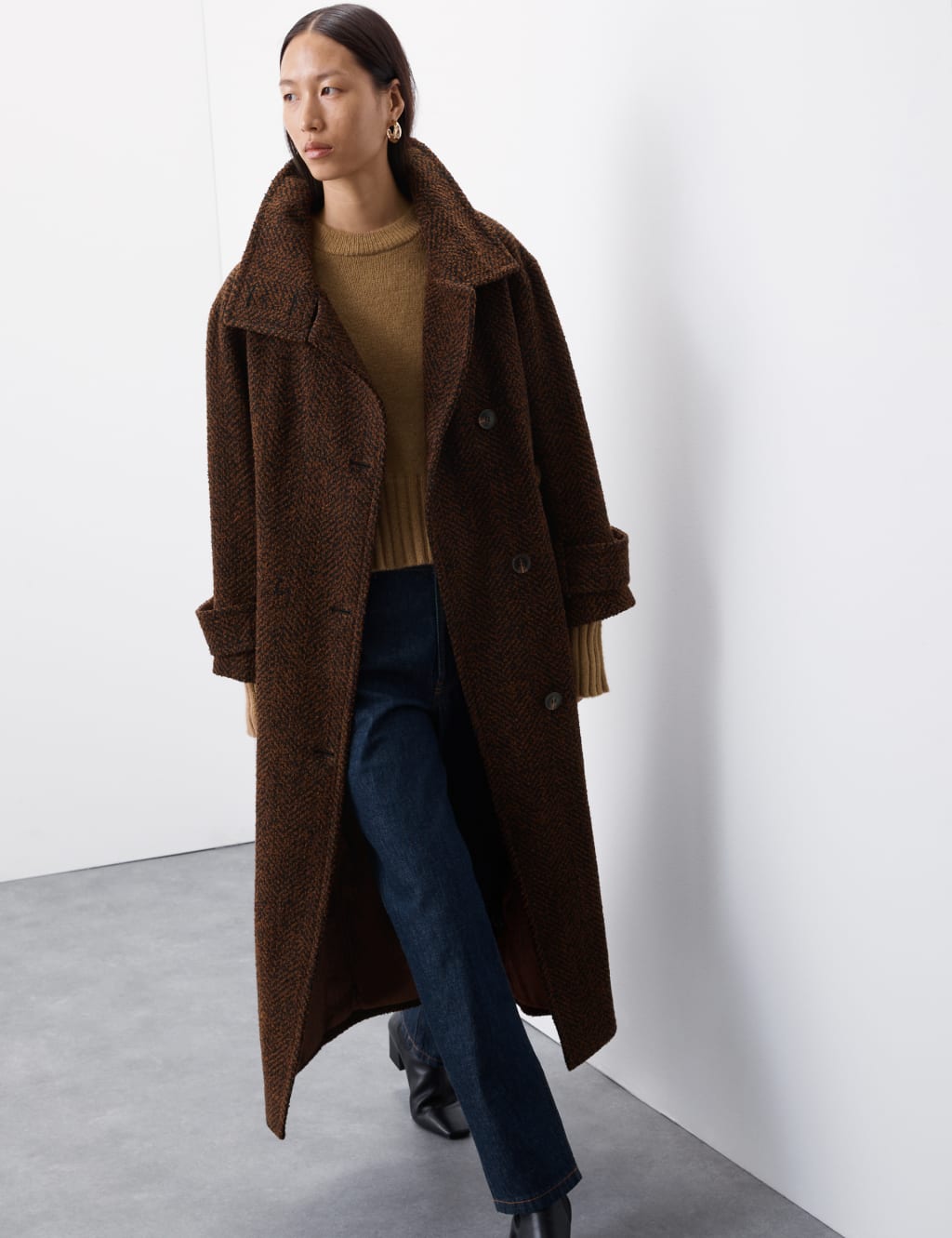 Wool Blend Herringbone Longline Tailored Coat Autograph M S