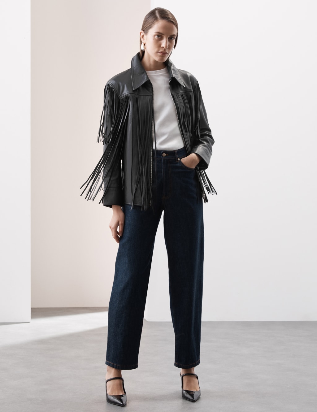 Leather Tassel Fringed Biker Jacket Autograph M S