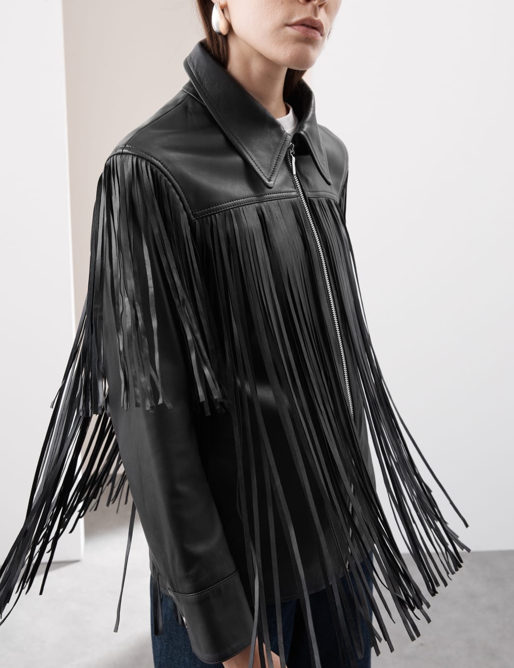 Leather Tassel Fringed Biker Jacket Autograph M S