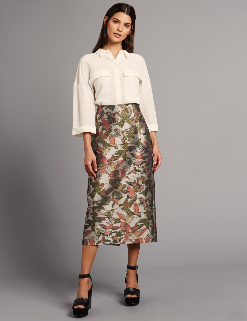 Jacquard Bird Print A Line Midi Skirt Autograph M S