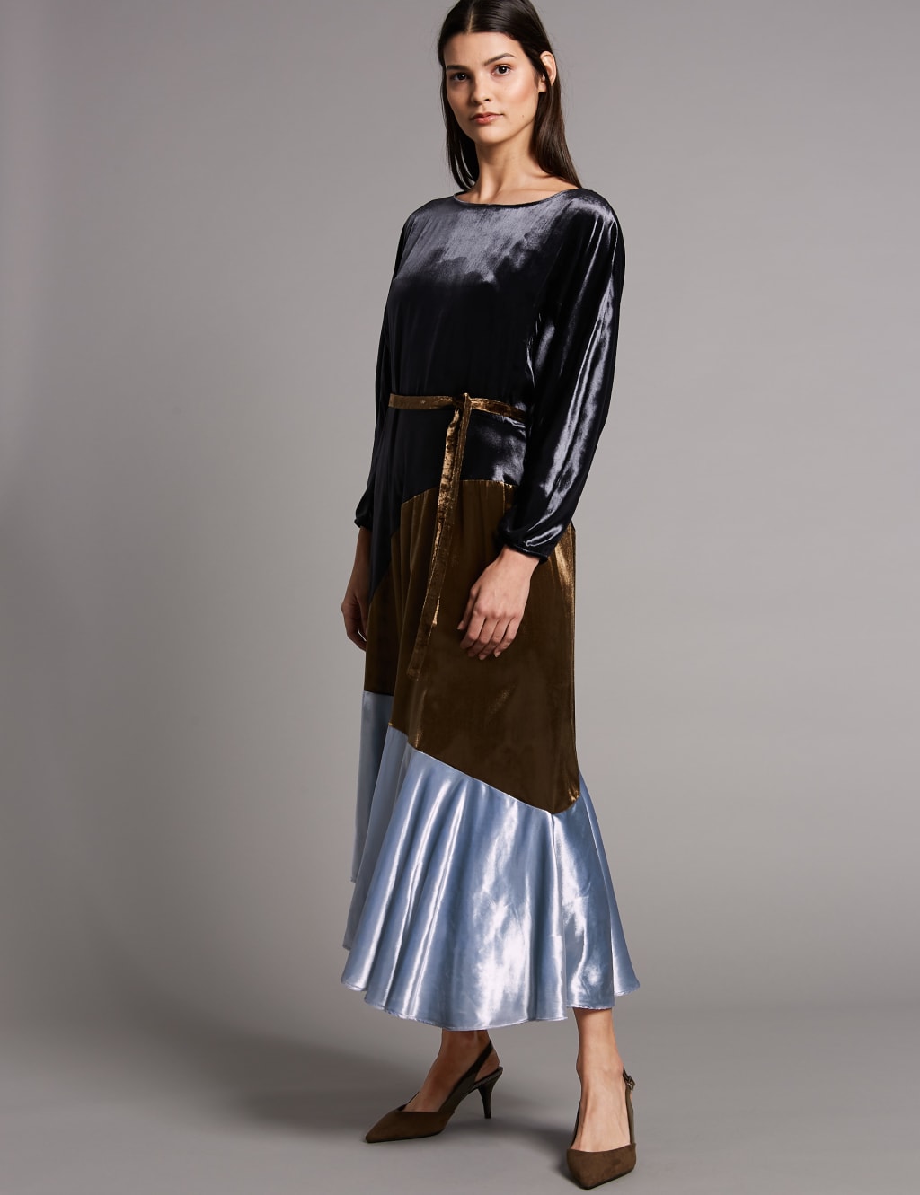 Colour Block Velvet Asymmetric Midi Dress 1 of 5