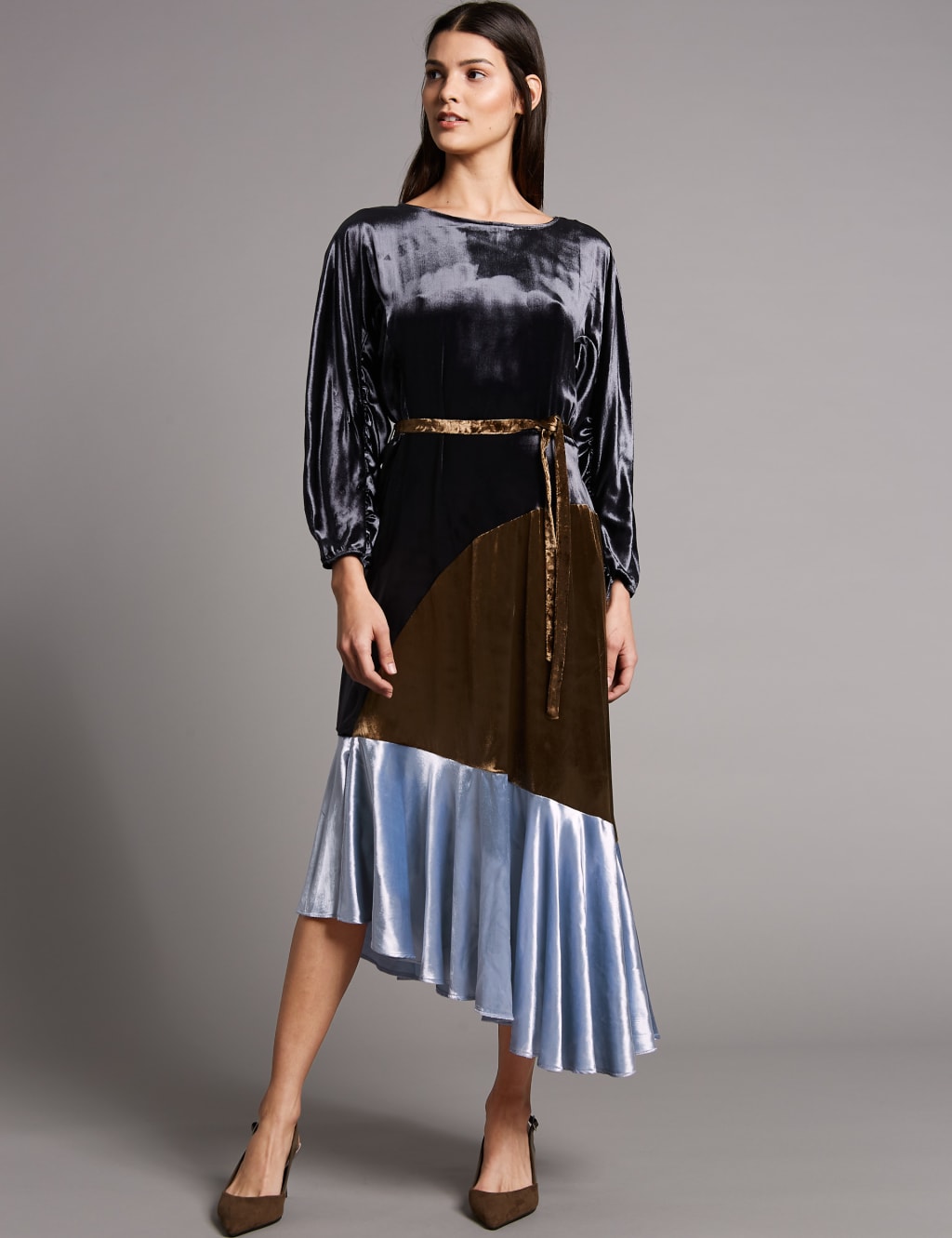 Colour Block Velvet Asymmetric Midi Dress 3 of 5