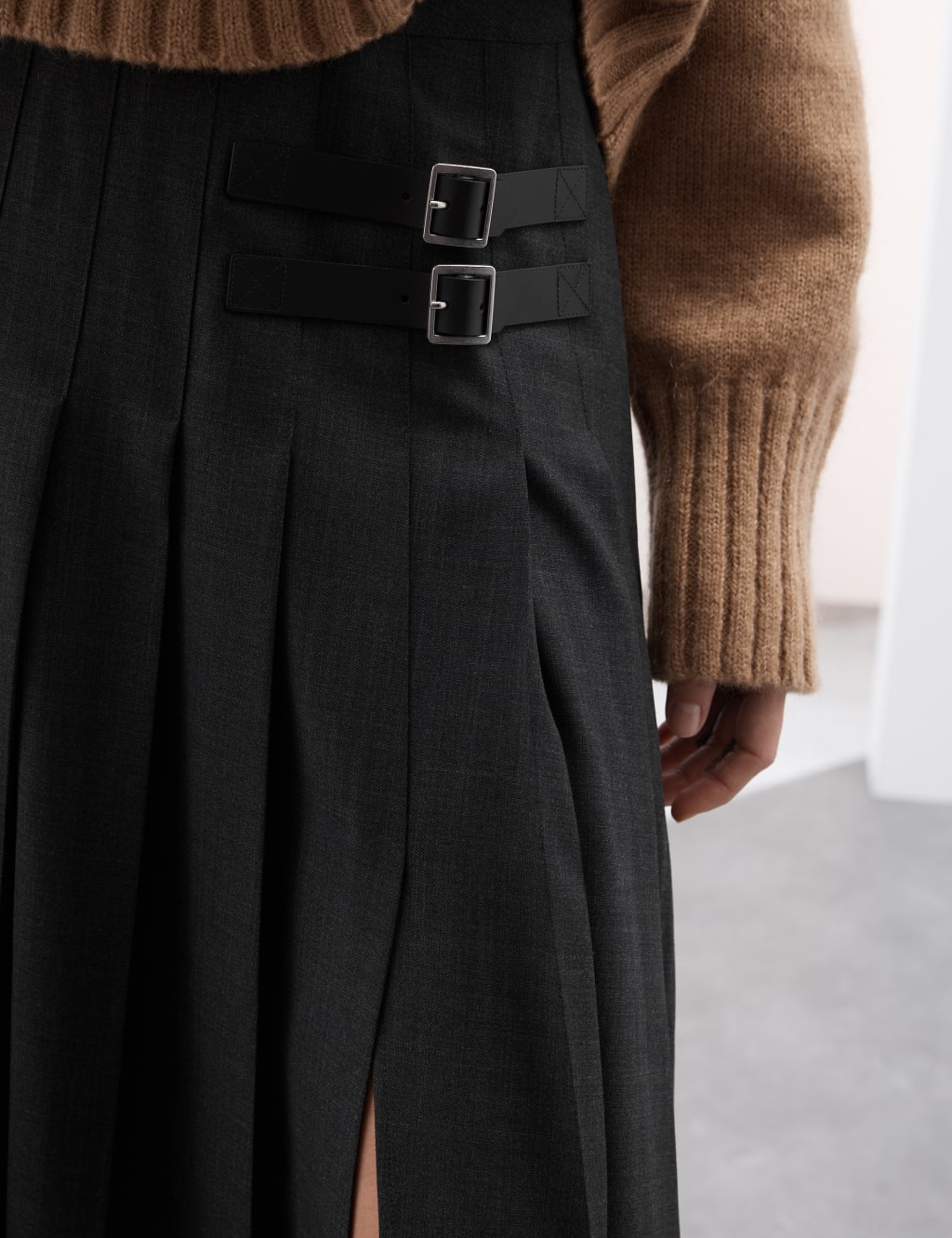 Wool Blend Pleated Midi Skirt