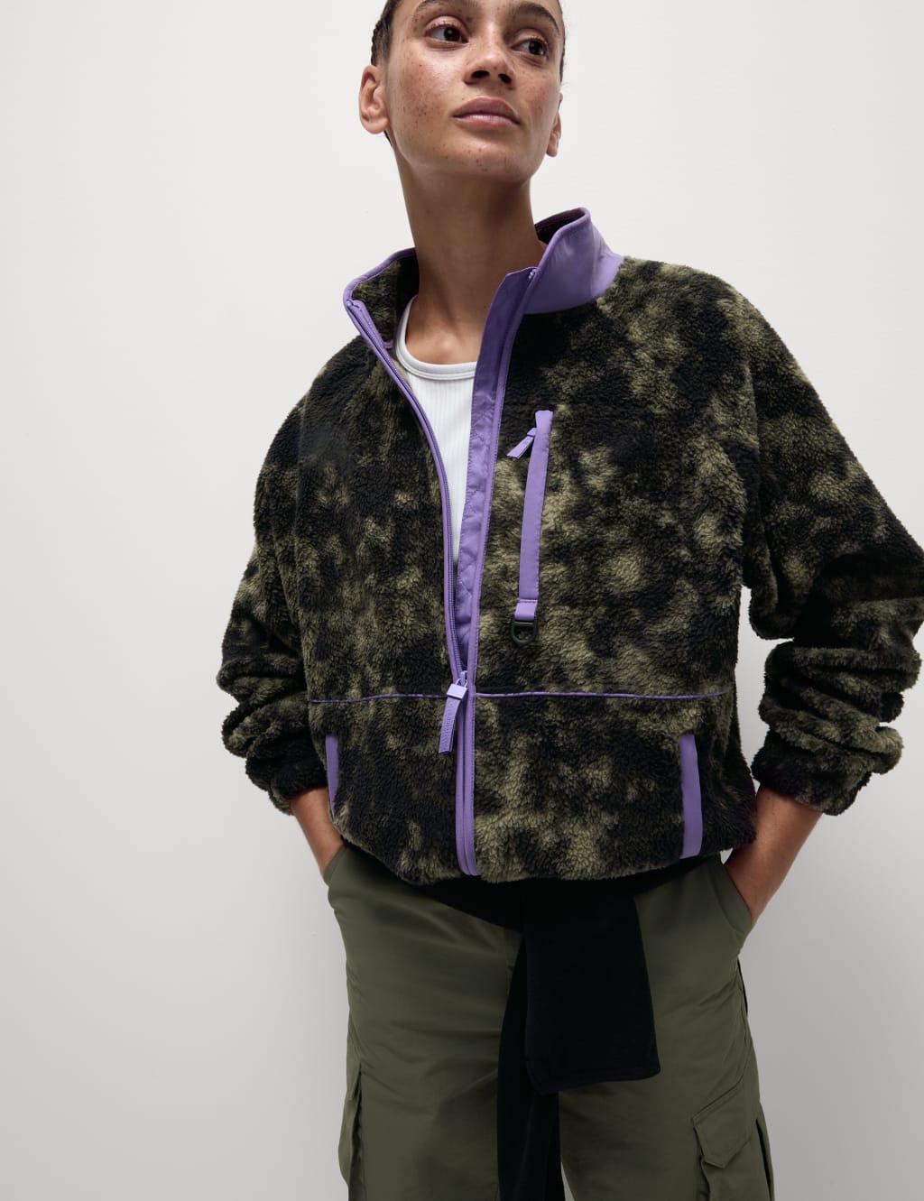 Borg Zip Up Printed Funnel Neck Fleece Jacket