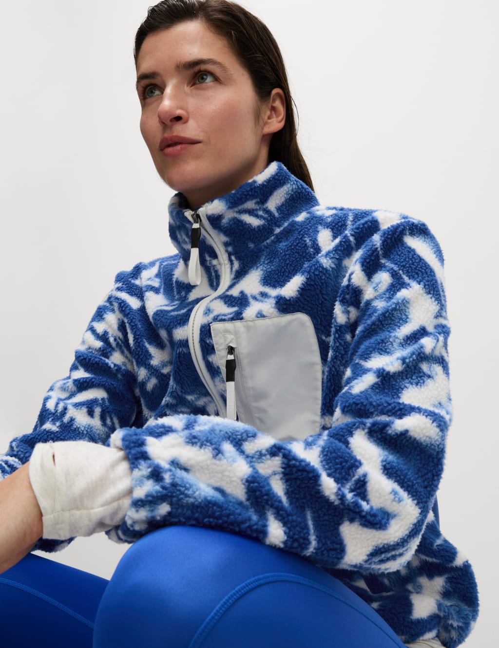 Borg Printed Funnel Neck Zip Up Fleece Jacket 1 of 6