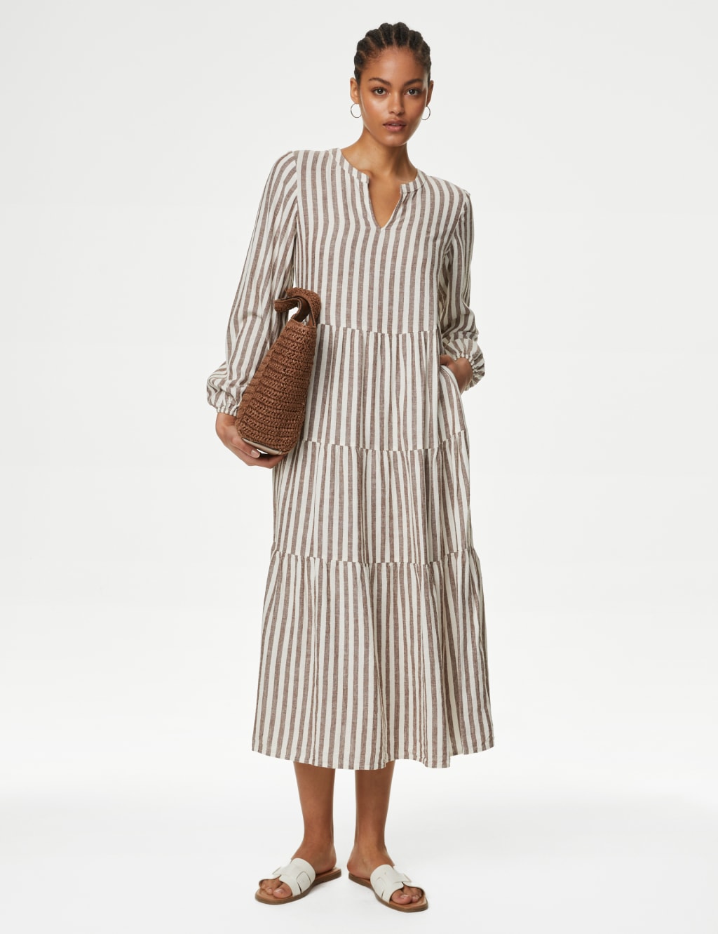 Linen Rich Striped V-Neck Midaxi Tiered Dress 2 of 4