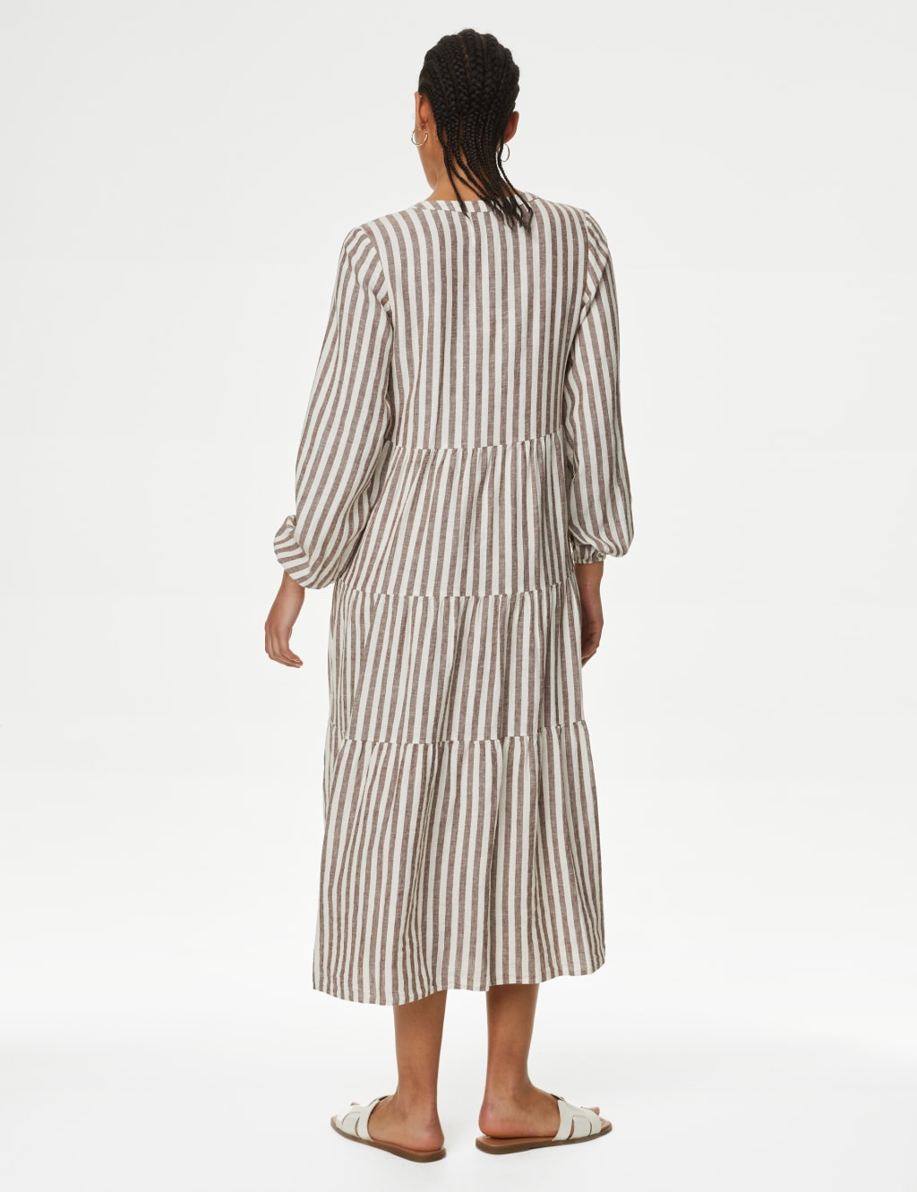 Linen Rich Striped V-Neck Midaxi Tiered Dress 4 of 4