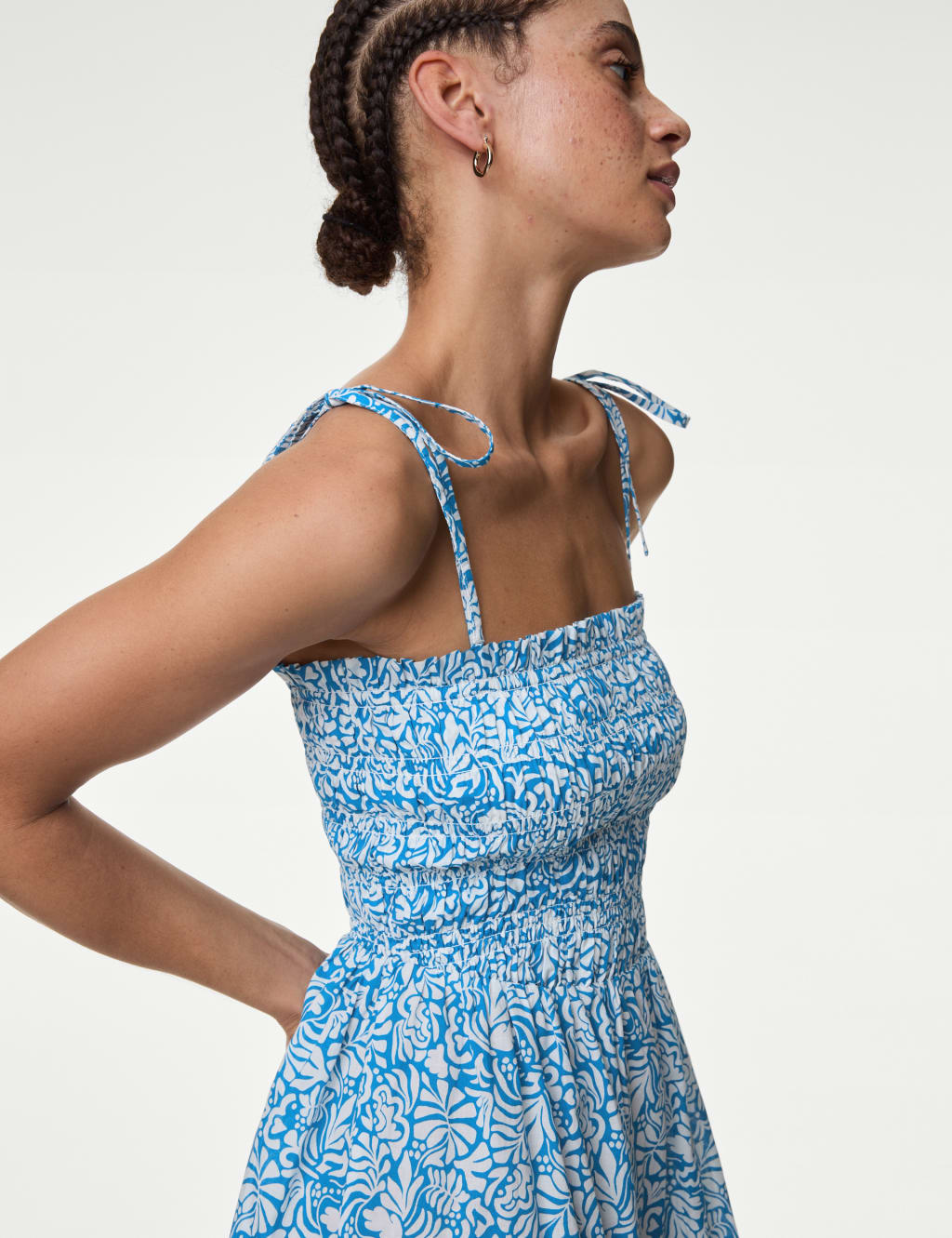 Pure Cotton Floral Shirred Midi Beach Dress M S Collection M S