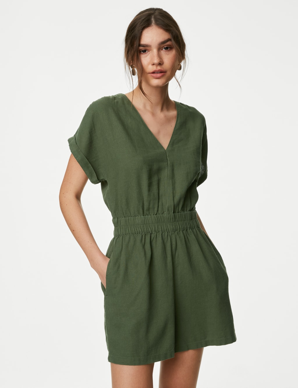 Linen Rich V Neck Short Sleeve Playsuit M S Collection M S