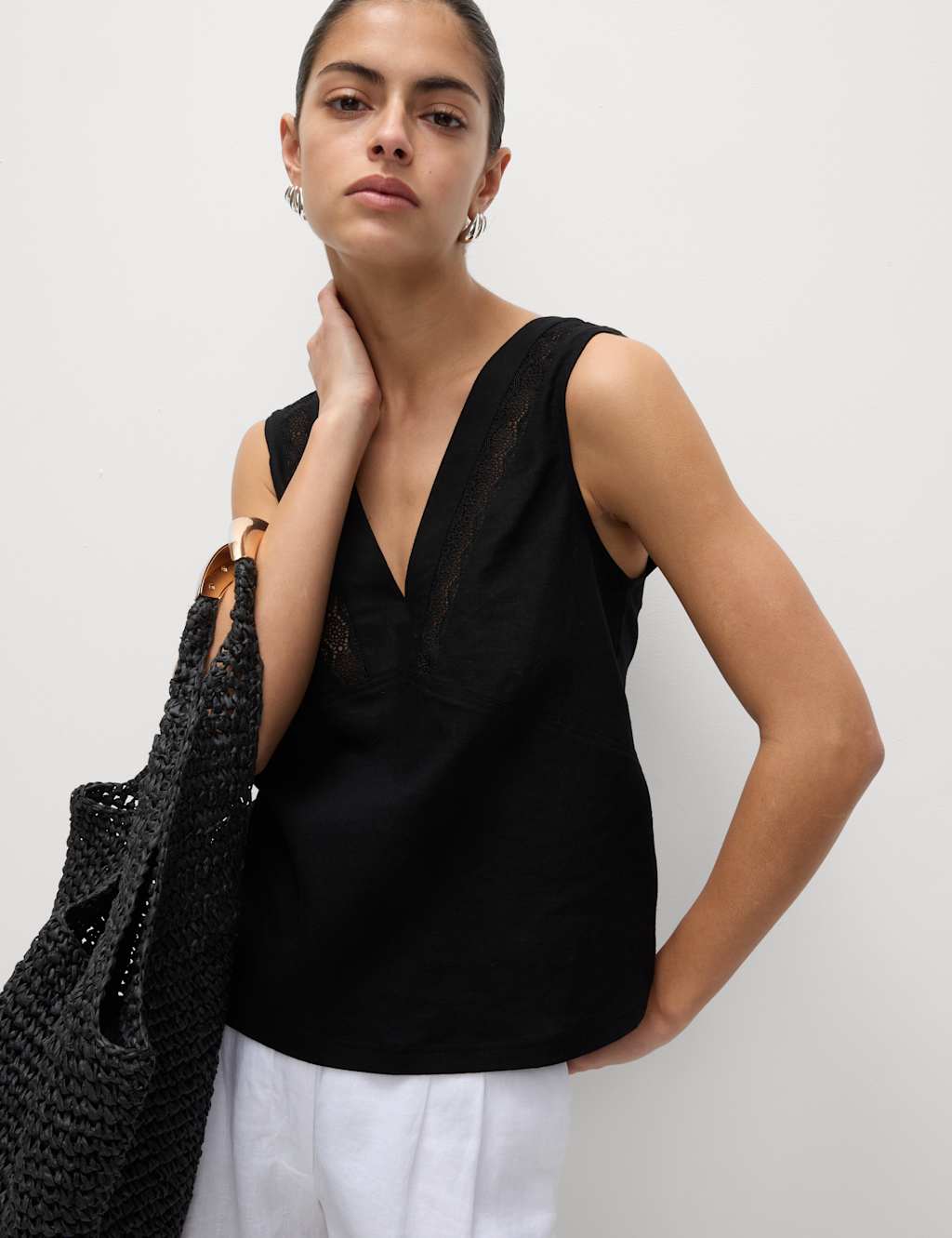 Linen Rich V-Neck Lace Insert Top 5 of 6