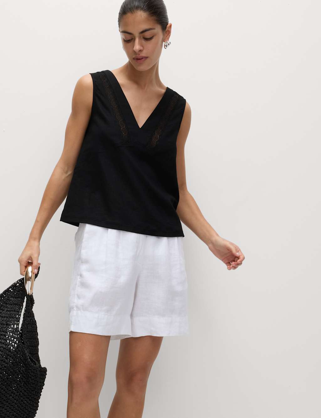 Linen Rich V-Neck Lace Insert Top 6 of 6