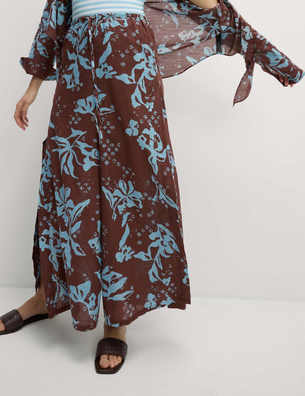 Pure Cotton Floral Elasticated Waist Wide Leg Trousers 3 of 5