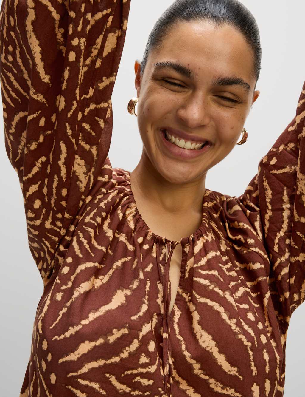 Pure Cotton Printed Tie Neck Puff Sleeve Midaxi Kaftan Dress 3 of 5