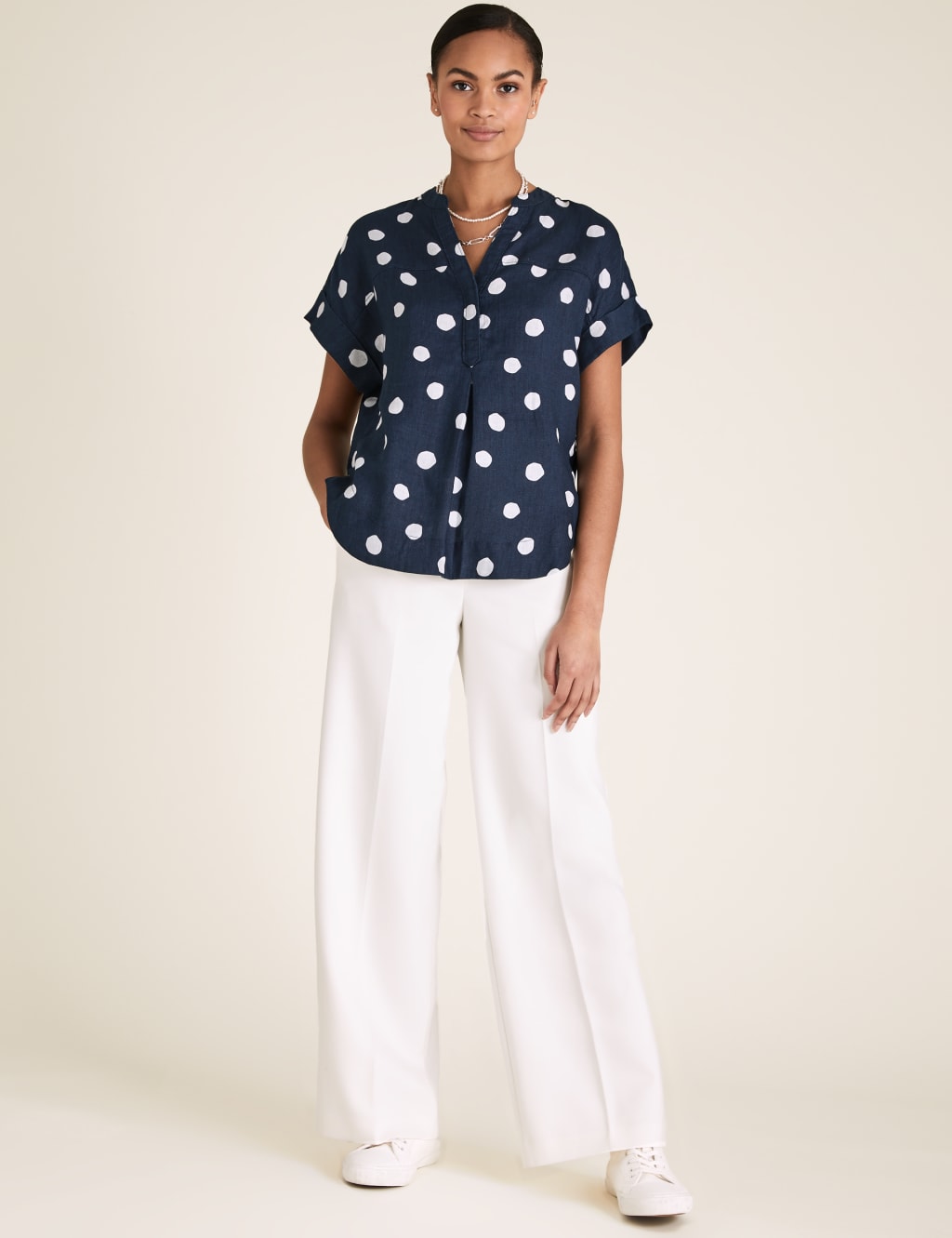 Pure Linen Polka Dot Short Sleeve Blouse 1 of 5