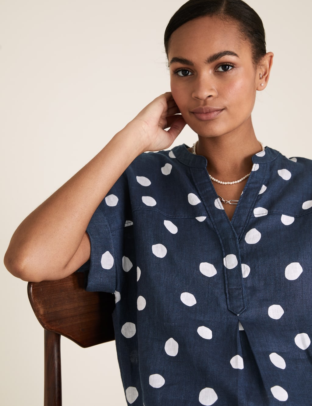Pure Linen Polka Dot Short Sleeve Blouse 3 of 5