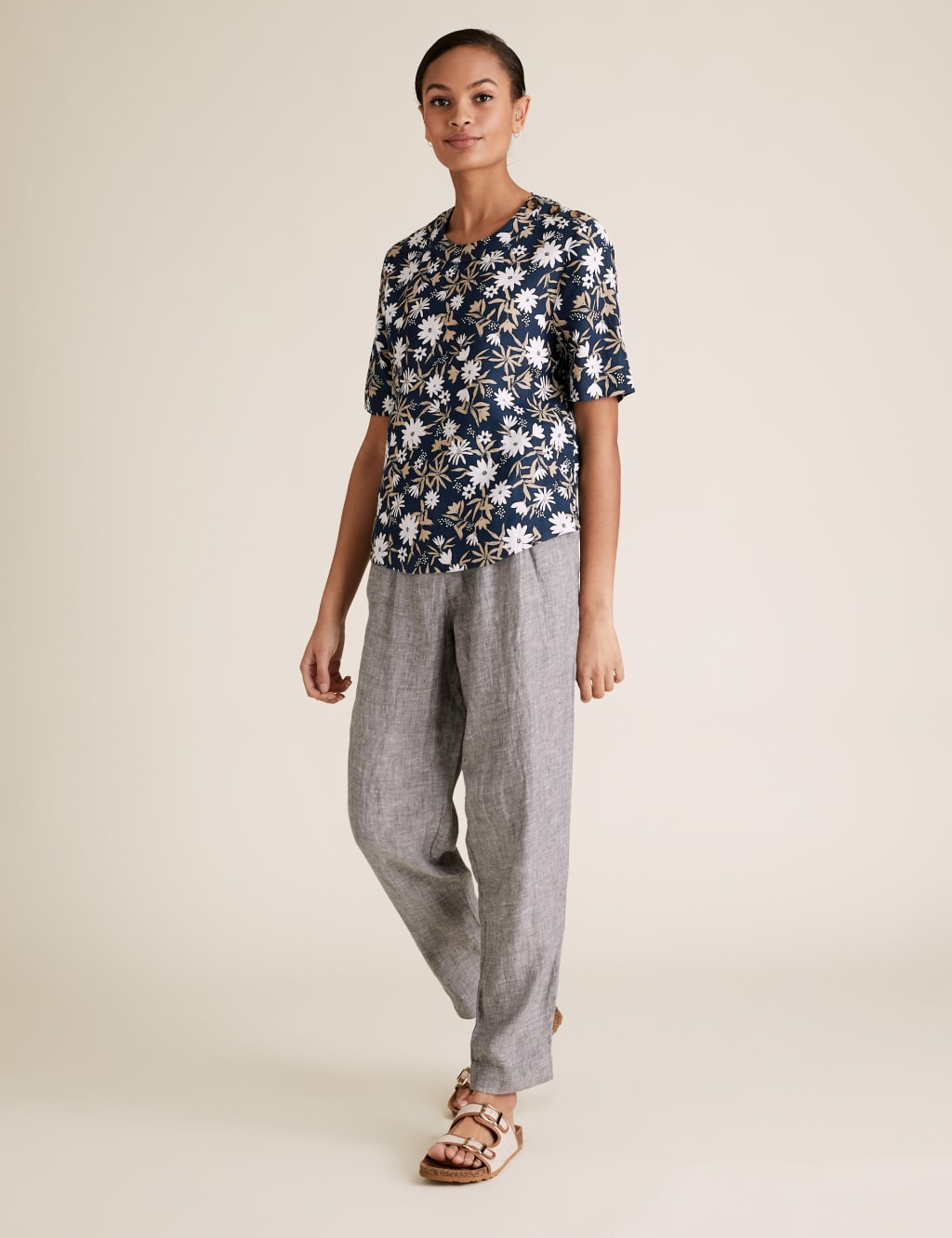 Pure Linen Floral Short Sleeve Top 1 of 5