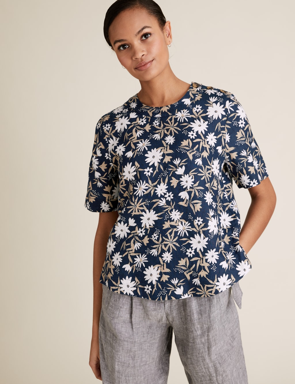 Pure Linen Floral Short Sleeve Top 3 of 5