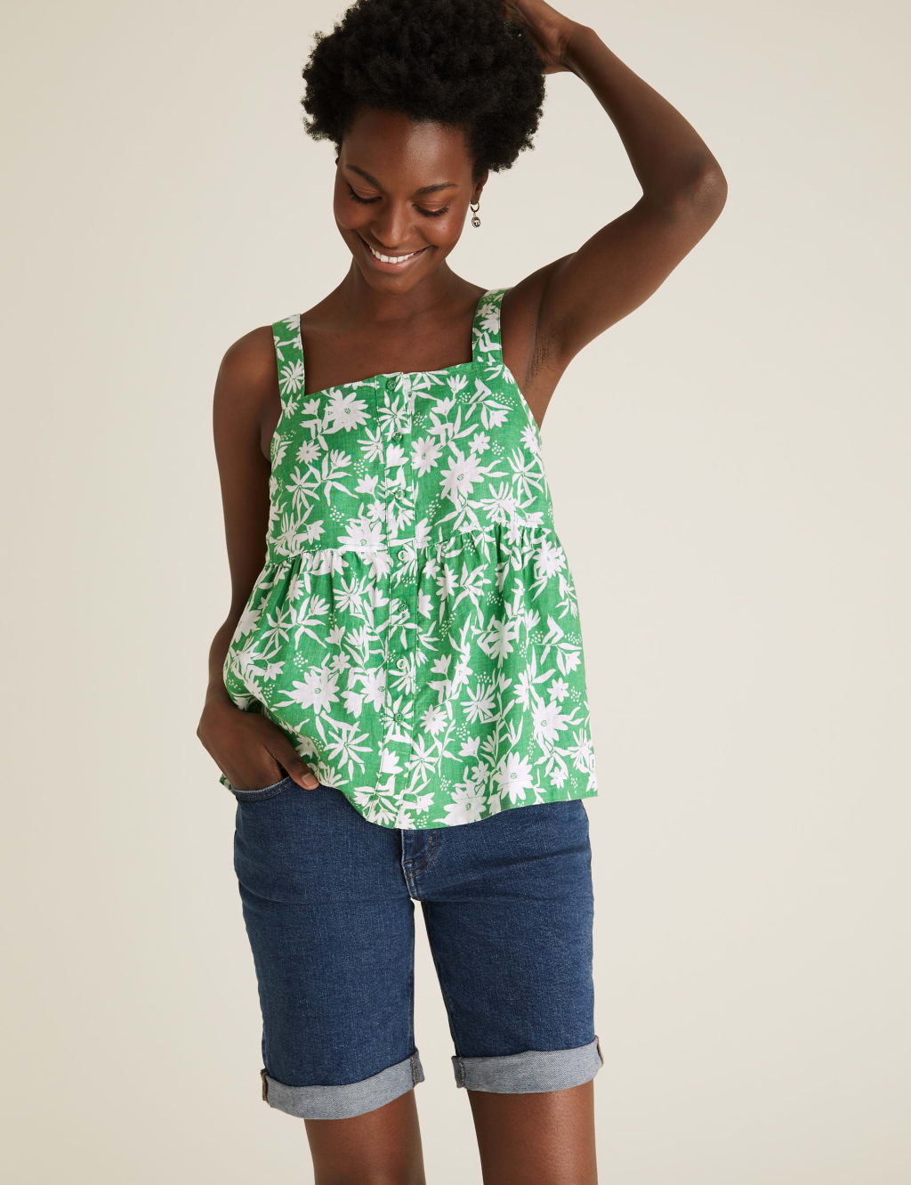 Pure Linen Floral Button Detail Cami Top 3 of 5