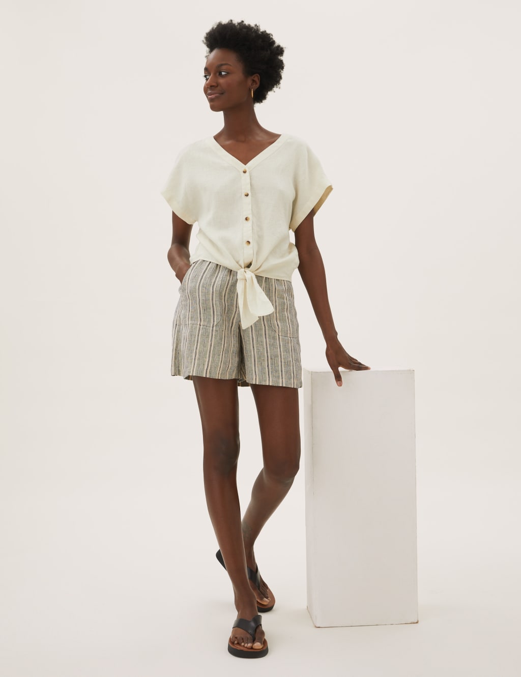 Pure Linen Tie Front Short Sleeve Top 1 of 5