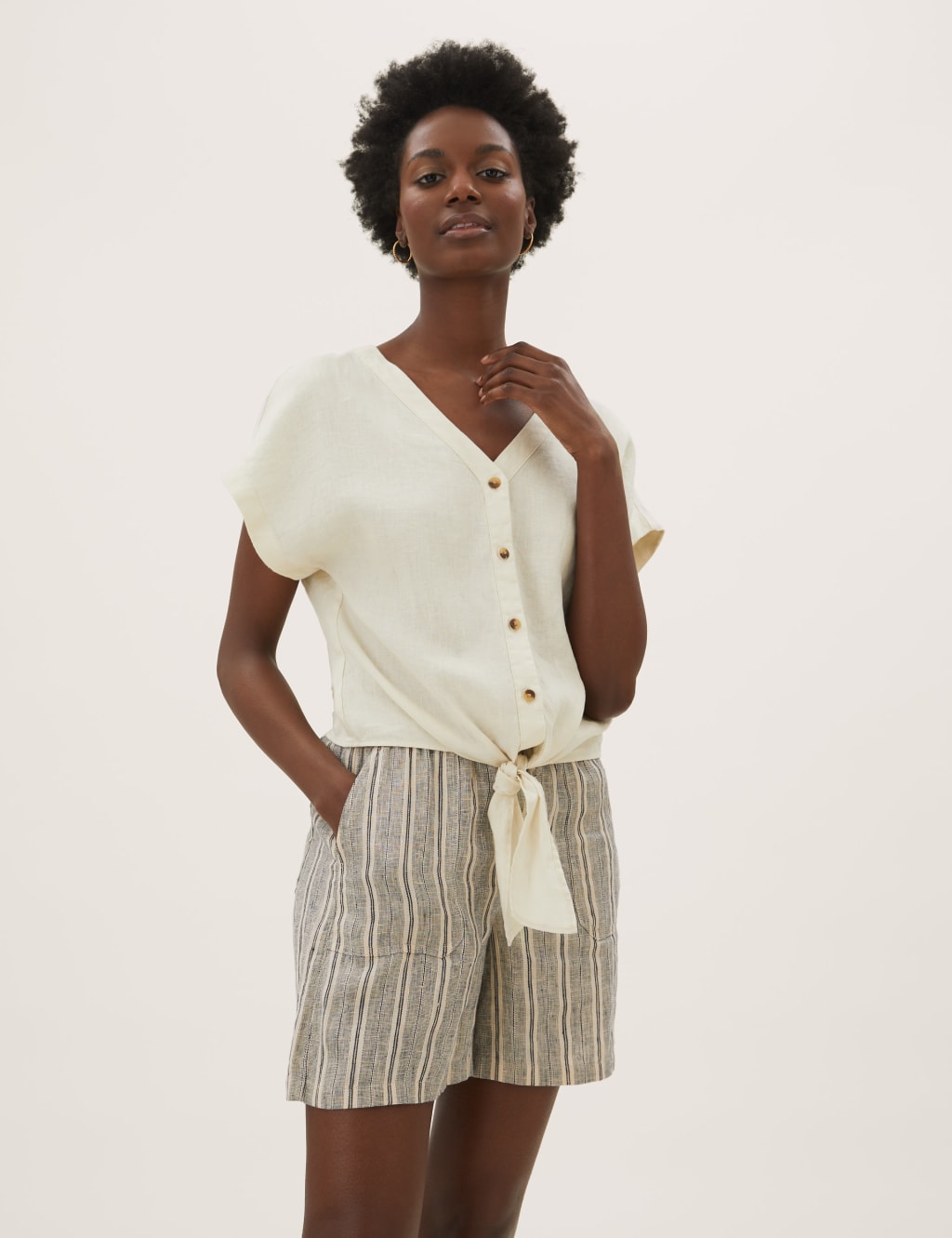 Pure Linen Tie Front Short Sleeve Top 3 of 5
