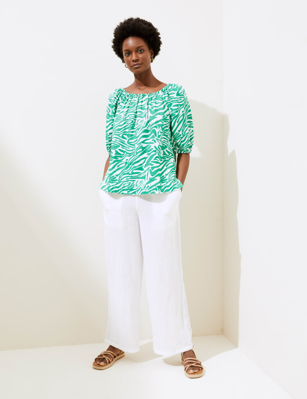 Pure Linen Printed Puff Sleeve Top M S Collection M S