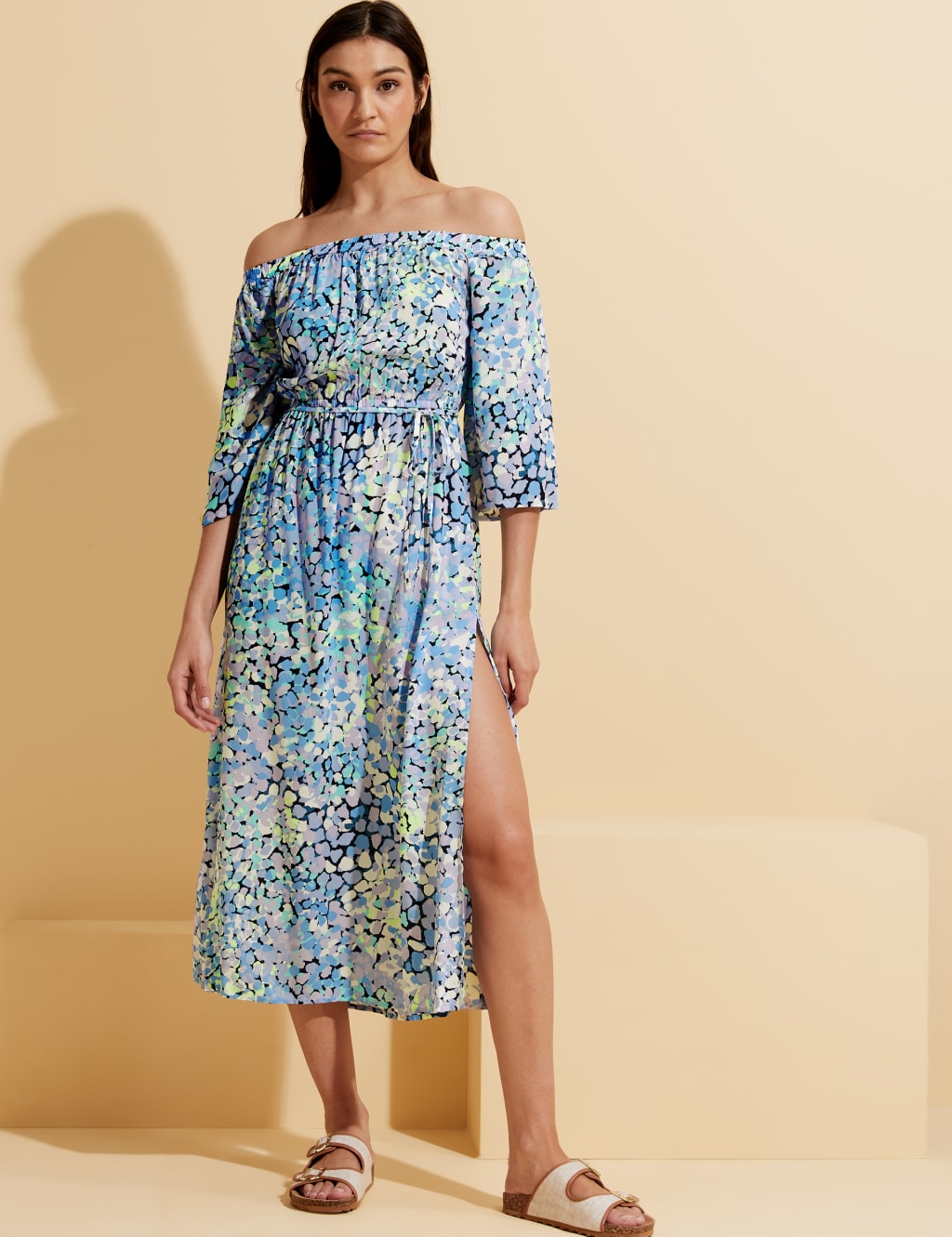 Printed Bardot Midi Beach Dress 3 of 6