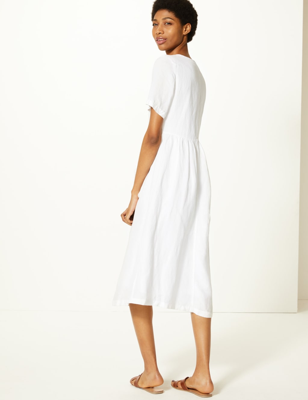 Linen Blend Button Front Waisted Midi Dress M S Collection M S
