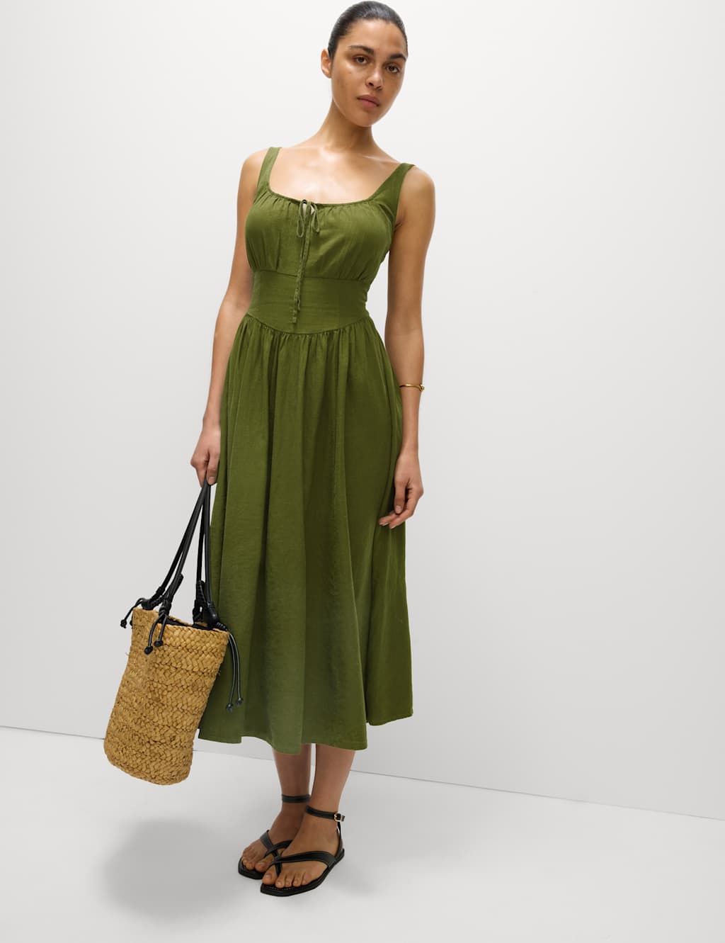 Linen Rich Round Neck Strappy Midi Swing Dress 3 of 5