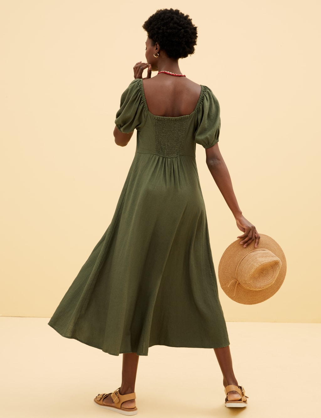 Linen Blend Sweetheart Neckline Midi Dress 4 of 5