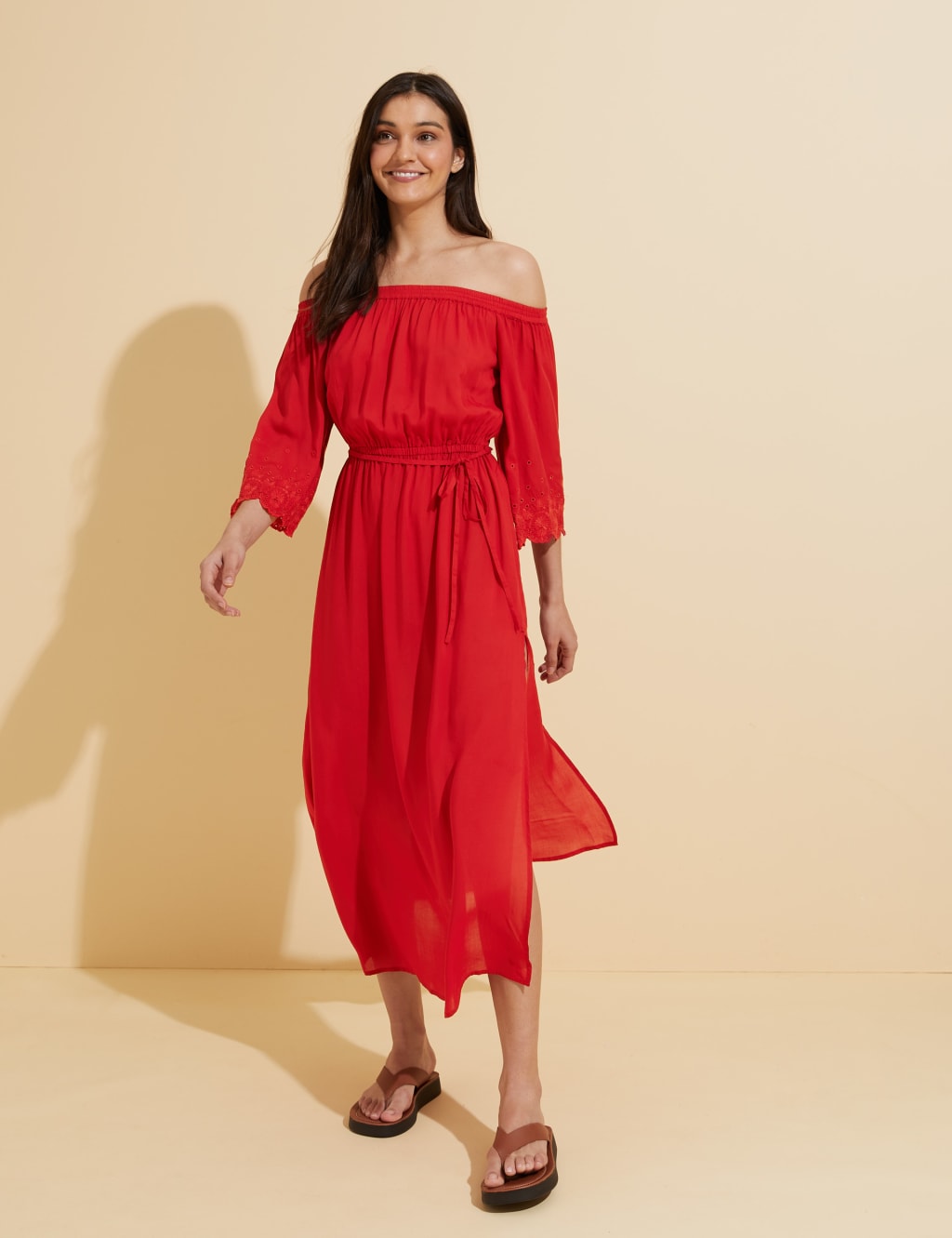 Embroidered Bardot Maxi Waisted Beach Dress M S Collection M S