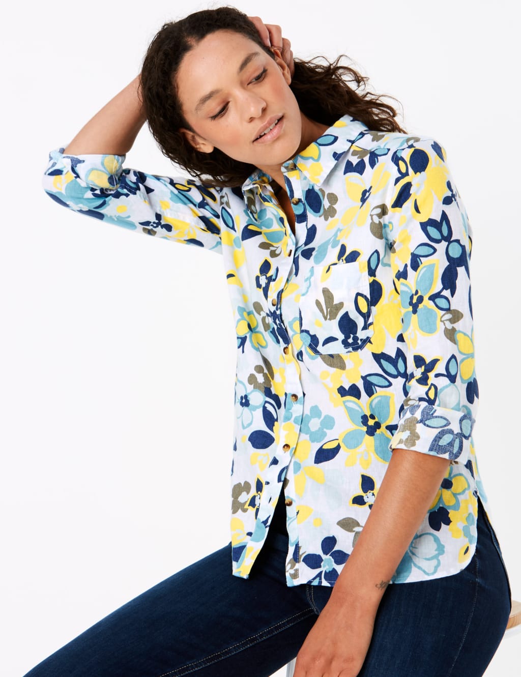 Pure Linen Floral Long Sleeve Shirt | M&S Collection | M&S