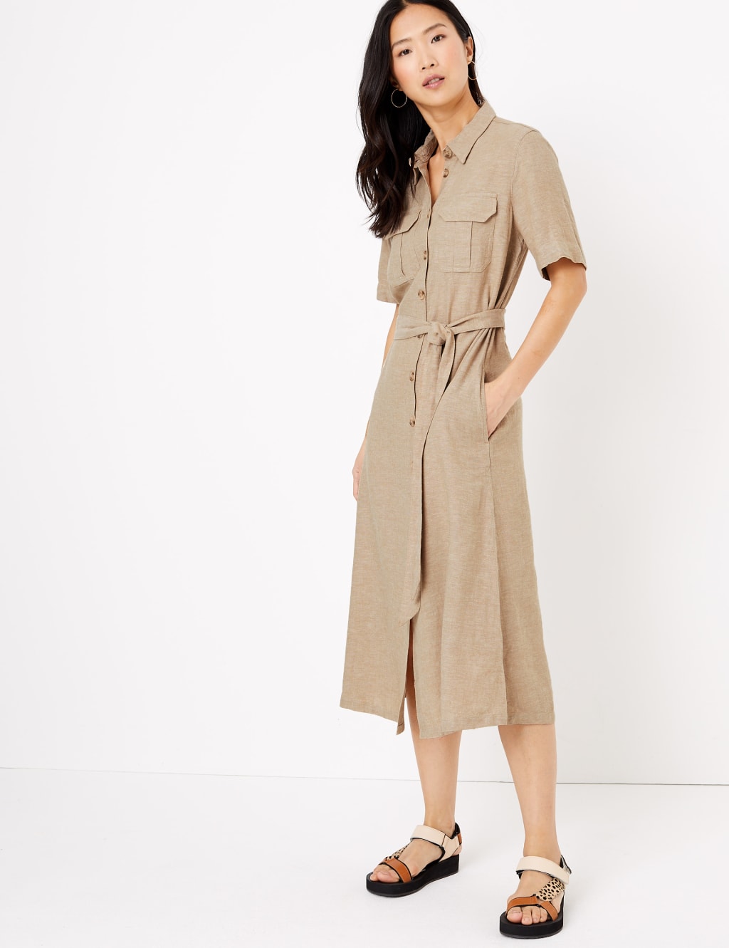 Linen Belted Midi Shirt Dress 1 of 4