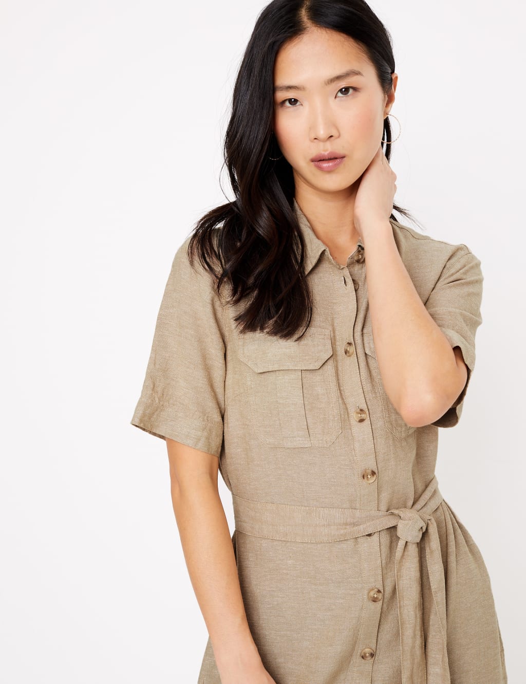 Linen Belted Midi Shirt Dress 3 of 4