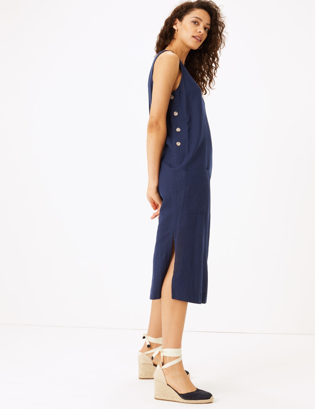 Linen Blend Side Button Midi Shift Dress M S Collection M S