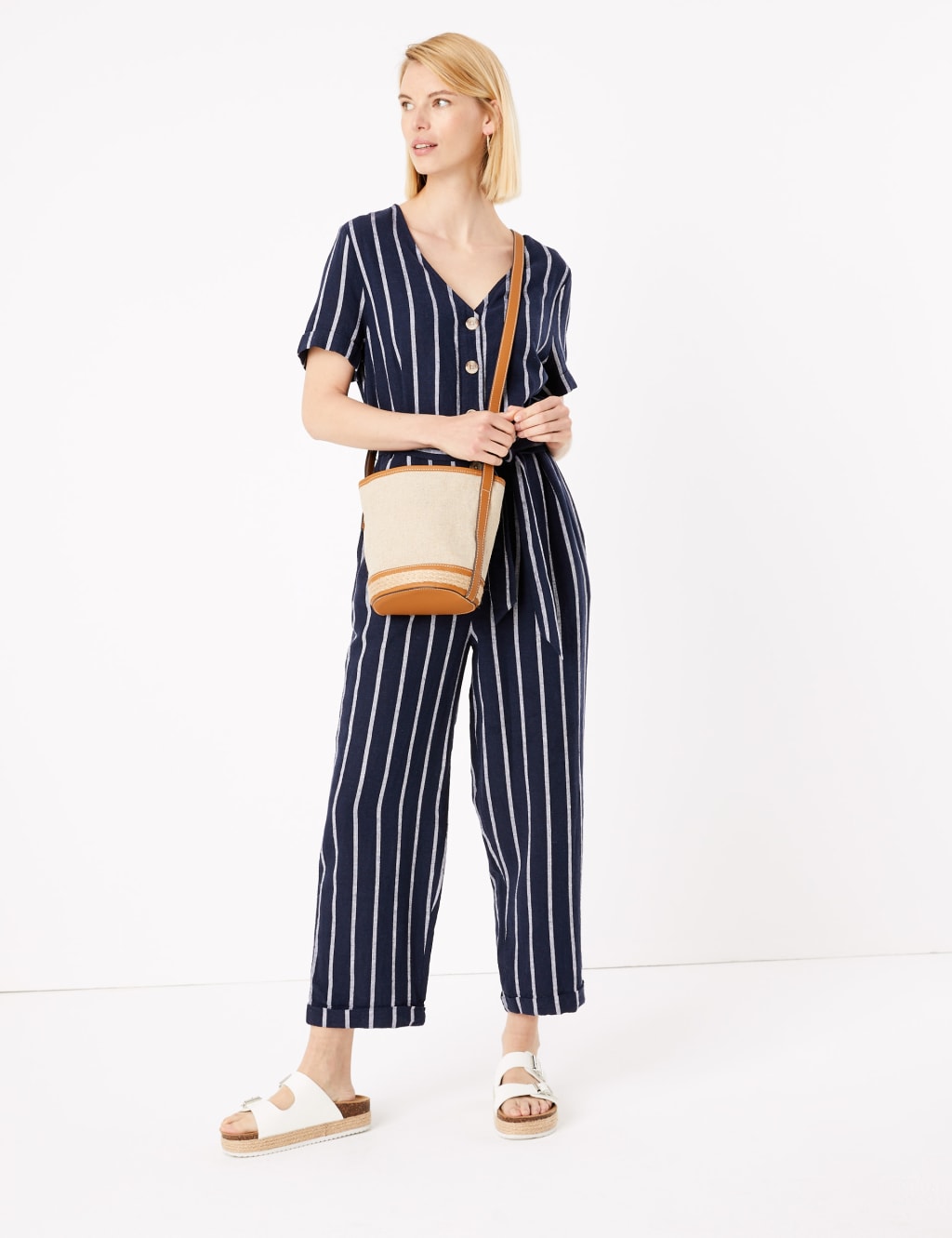 Linen Striped Belted Short Sleeve Jumpsuit M S Collection M S