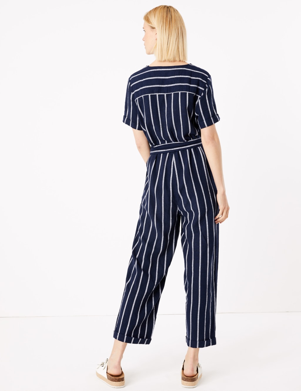 Linen Striped Belted Short Sleeve Jumpsuit M S Collection M S