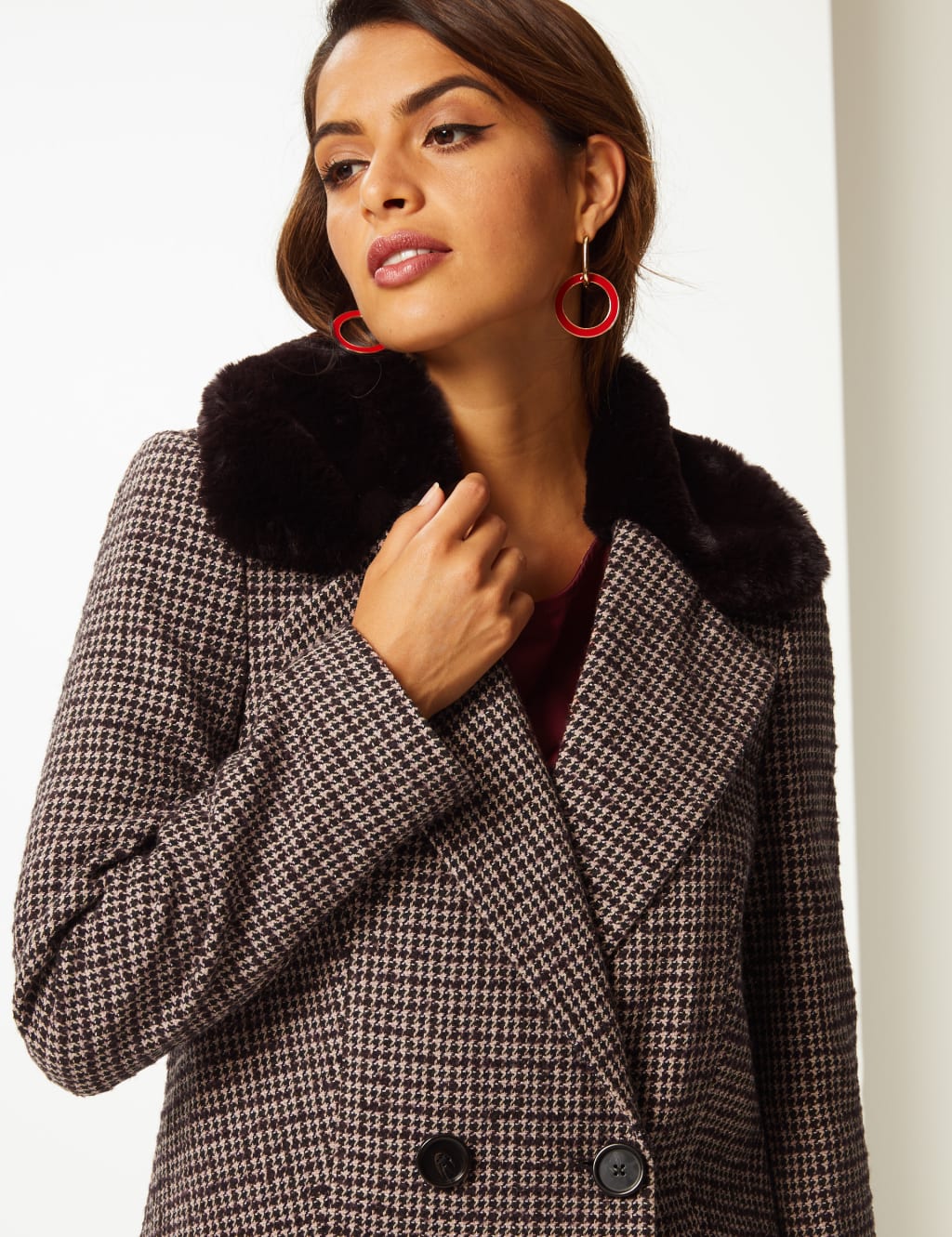 Checked Faux Fur Double Breasted Coat Per Una M S