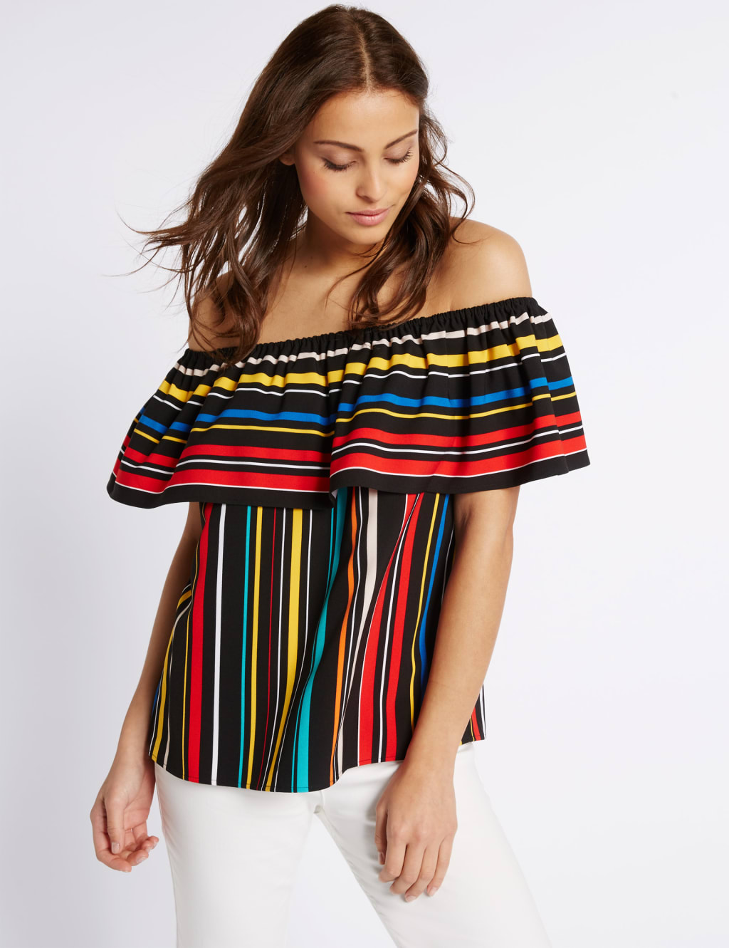 Striped Short Sleeve Bardot Top 1 of 5
