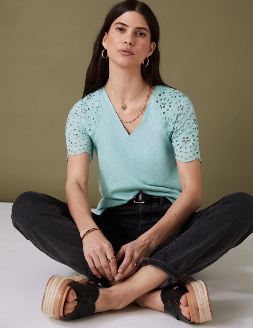 Pure Cotton Broderie Detail T-Shirt 1 of 5