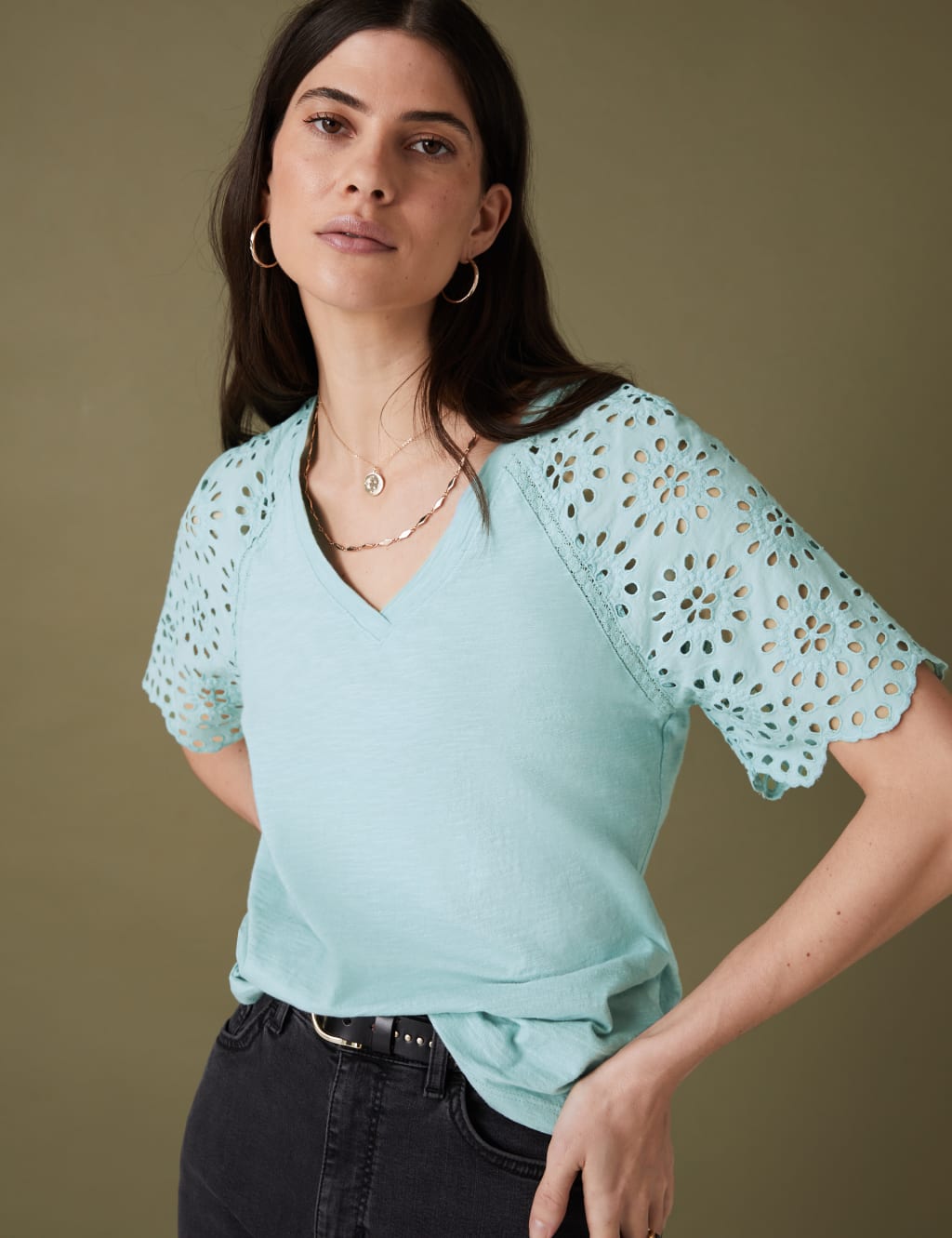 Pure Cotton Broderie Detail T-Shirt 3 of 5